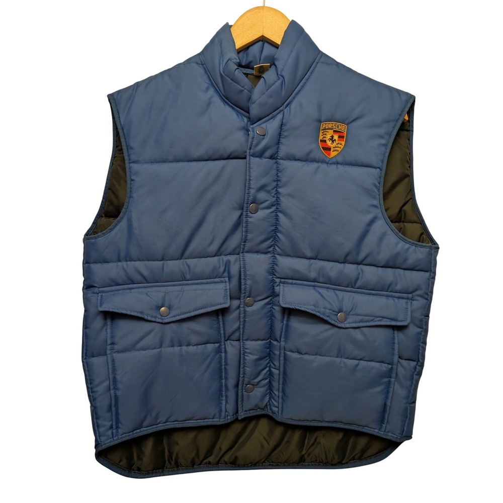 Vintage Porsche Puffer Vest Blue Racing Patch Quilted Gorpcore Retro Sporty